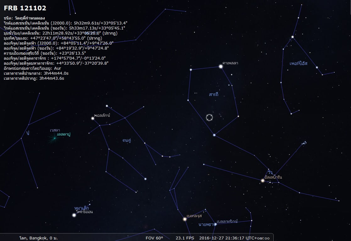 ตำแหน่งของ FRB 121102 บนท้องฟ้า (วงกลมสีขาว) (ภาพจากโปรแกรม Stellarium 0.15.1 โดยผู้เขียน)