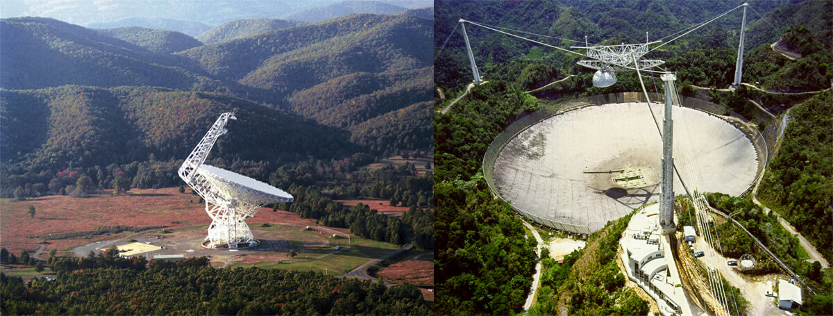 กล้องโทรทรรศน์ Green Bank และ Arecibo พระเอกของการค้นพบ FRB 121102 ในครั้งนี้ (ภาพซ้ายอนุเคราะห์โดย NRAO/AUI ภาพขวาโดย H. Schweiker/WIYN & NOAO/AURA/NSF)