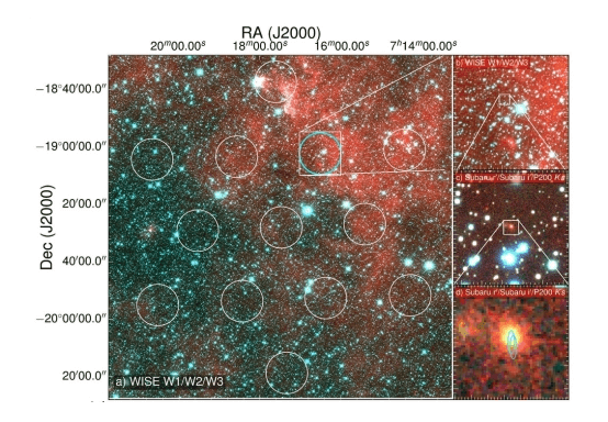 ภาพของ FRB 1504่18 ที่ซูมเข้าไปจนถึงแหล่งกำเนิด โดยใช้ภาพในช่วงแสงที่มองเห็นได้ (สีแดง) จากกล้องโทรทรรศน์ Subara ซ้อนกับภาพในช่วงคลื่นวิทยุจาก Parkes Radio Telescope (สีฟ้า) (เครดิตภาพ: © D. Kaplan (UWM), E. F. Keane (SKAO))