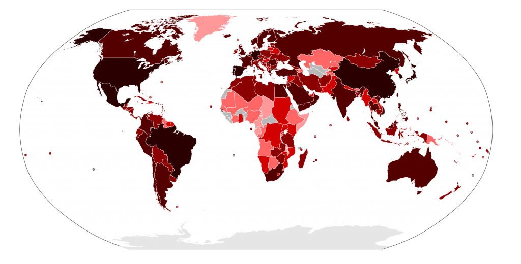 แผนที่การระบาดของโรคไข้หวัดใหญ่ สายพันธุ์ใหม่ 2009 ในปลายปี 2009 - ต้นปี 2010 (ขอบคุณรูปจาก wikipedia-en)
