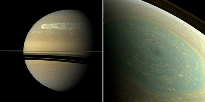 (ซ้าย) พายุหมุนสีขาวบนดาวเสาร์  (ขวา) พายุรูปหกเหลี่ยมบนขั้วเหนือของดาวเสาร์ (Cr. NASA/JPL)
