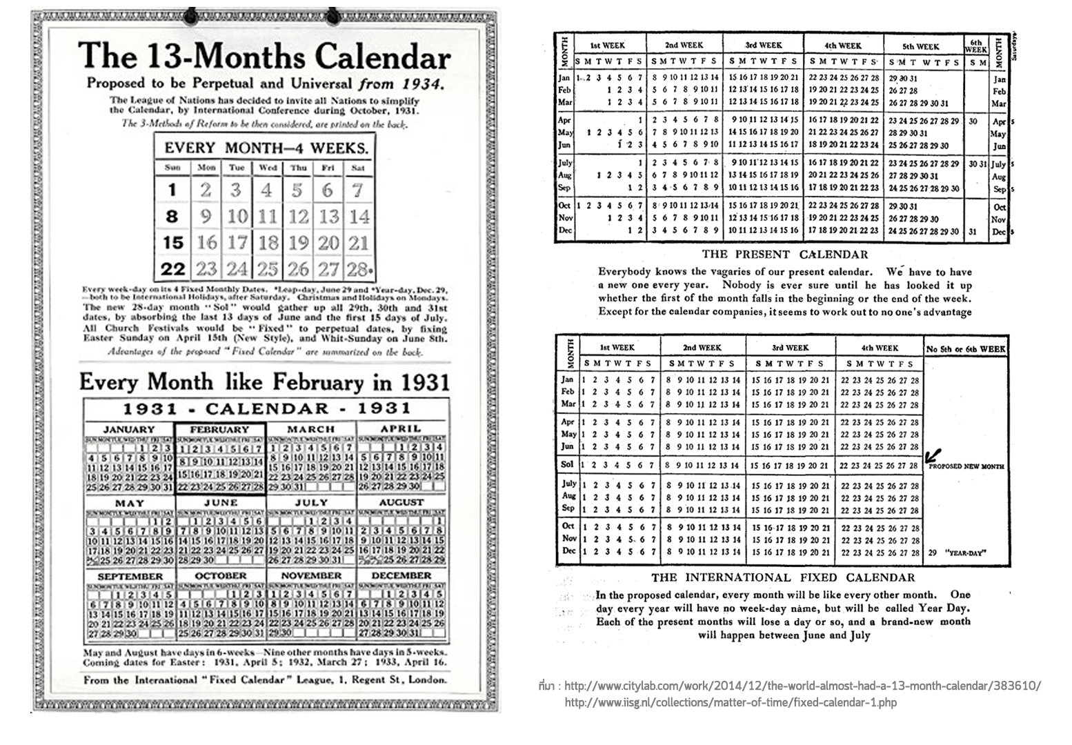 (ซ้าย) ใบเสนอแบบปฏิทิน 13 เดือนเปรียบเทียบให้เห็นว่าทุกเดือนของปีจะมีหน้าตาเหมือนเดือนกุมภาพันธ์ของปี 1931 / (ขวา) นิตยสาร The Outlook เมื่อปี 1927 ตีพิมพ์ภาพเปรียบเทียบปฏิทินแบบเกรโกเรียน (บน) เทียบกับปฏิทินแบบใหม่ (ล่าง)