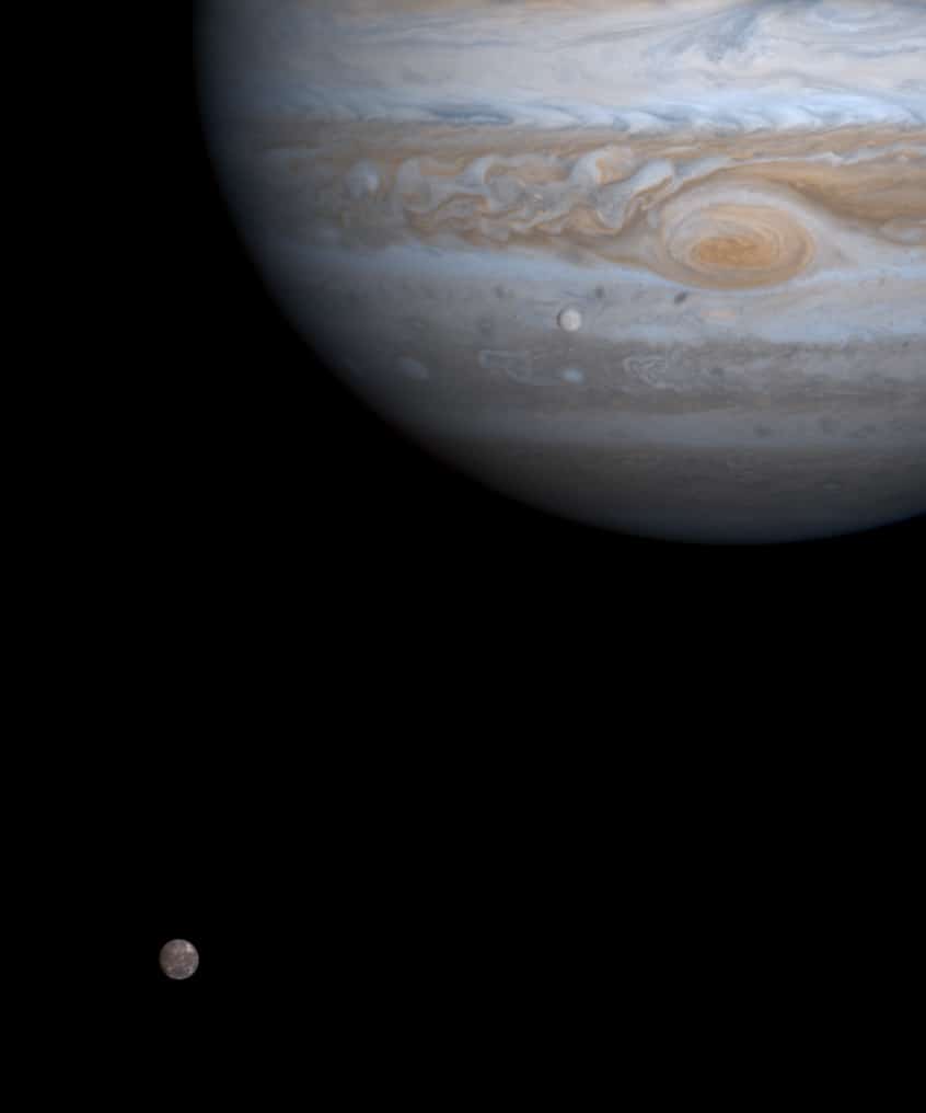 ภาพของคัลลิสโต (Callisto) เทียบกับดาวพฤหัสบดีจากภารกิจยาน Cassini–Huygens